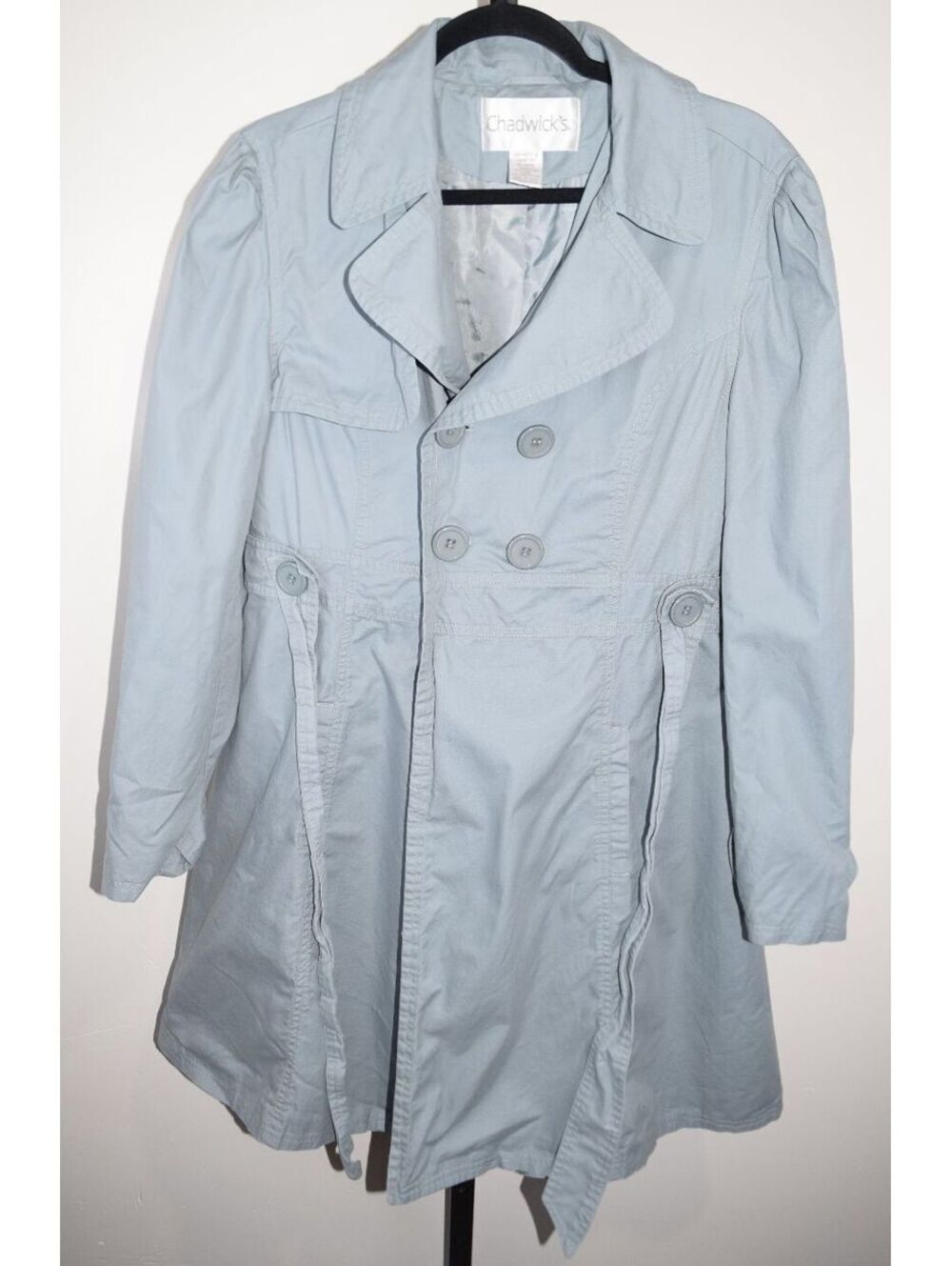 Chadwick's Sage Blue Cotton Trench Coat Peplum Belted Jacket Size 12